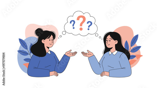 Two young women having a conversation with question marks above them representing a misunderstanding or a shared puzzle.
