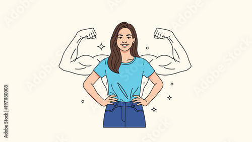 Confident young woman standing proudly while large muscular arms appear behind her to symbolize inner strength and empowerment.