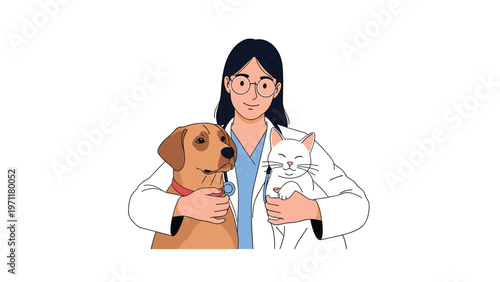 Caring female veterinarian in a white lab coat smiling while holding a friendly brown dog and a small white cat.