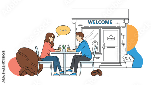 Young couple having a romantic date and drinking coffee at an outdoor cafe with giant coffee beans as decorative elements.