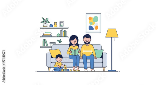 Peaceful family moments at home, an illustration of a mother reading a book with her husband and child playing blocks in a contemporary living room setting