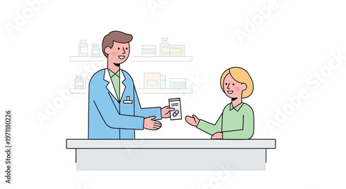 Professional pharmacist providing essential prescribed medication to a smiling customer at a modern pharmacy counter, emphasizing excellent healthcare service and patient support