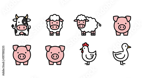 A collection of cartoon farm animal icons featuring a cow, sheep, pigs, chicken, and duck in a simple, flat design style
