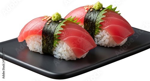 Fresh Tuna Nigiri Sushi with Wasabi, Shiso, and Sesame Seeds on Black Plate