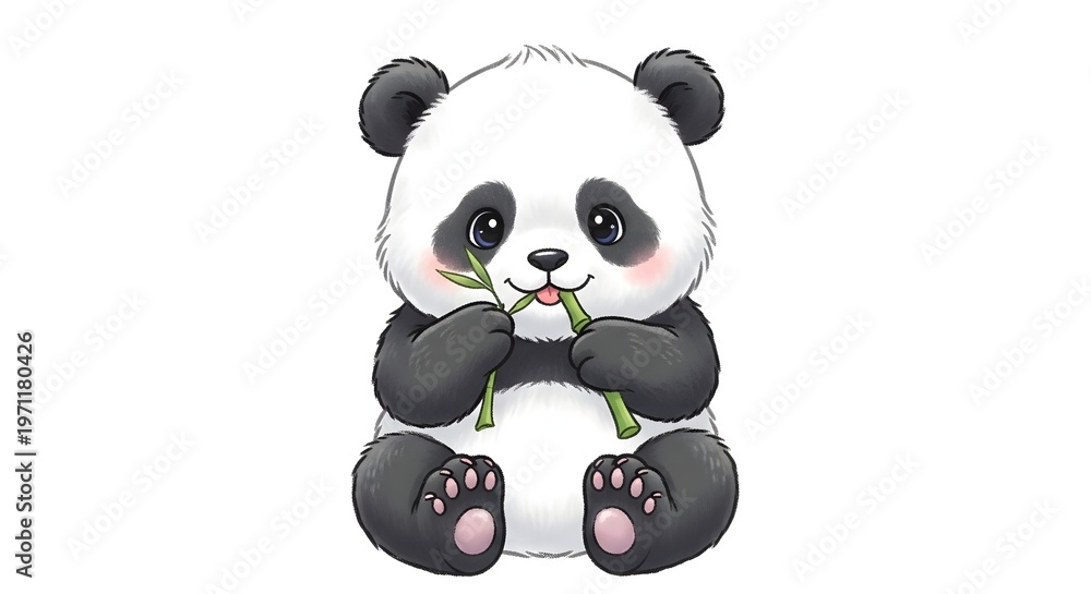 Obraz premium Adorable cartoon panda bear eating bamboo shoots on white background with cute expression