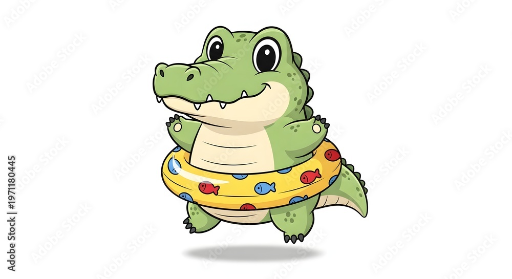 Obraz premium A cartoon green crocodile wearing a yellow inflatable ring with colorful fish on it isolated on white background