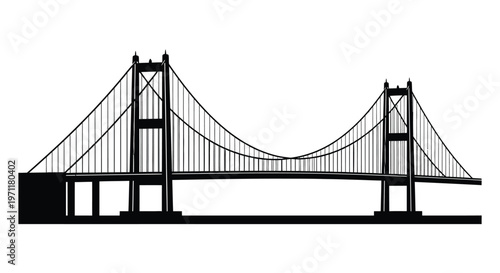 Iconic suspension bridge with intricate cables and towering pylons against a stark background, architectural marvel