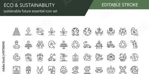 Comprehensive collection featuring carbon emission symbols, renewable energy, and environmental conservation graphics.