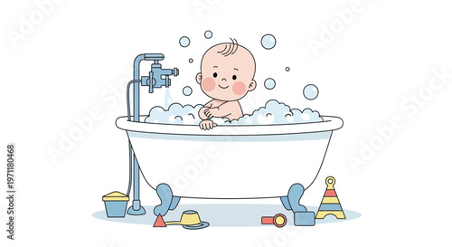 Joyful cartoon infant smiling and playing in a warm, bubbly bathtub, an endearing illustration of a happy bath time routine surrounded by delightful toys