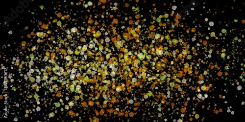 Photos 黒背景にオレンジや黄緑の粒子が舞うスパッタリング背景、華やかで躍動感のある抽象的なパーティクル素材 / Abstract black background with vibrant orange and green sputtering particles, dynamic sparkle texture for celebration and energy