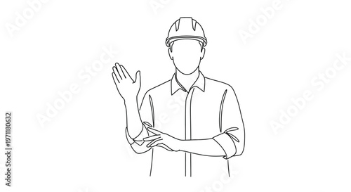 Construction worker in protective gear gesturing with hands, highlighting safety and industry