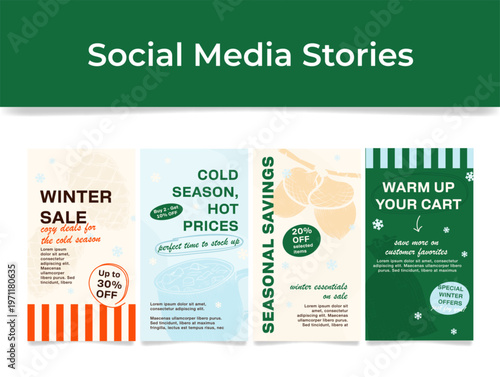 Social media promotional materials presenting various winter sale offers, highlighting discounts on essential cold-season items and savings opportunities for shoppers.