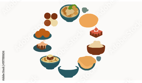 Egyptian cuisine vector collection with traditional food in circular arrangement isolated on white background