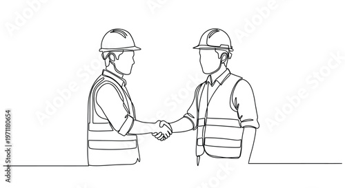 Two construction workers in hard hats and safety vests shaking hands, symbolizing agreement and partnership in a building project