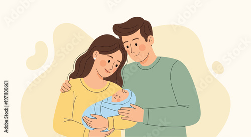 A young couple lovingly holds their newborn baby indoors.