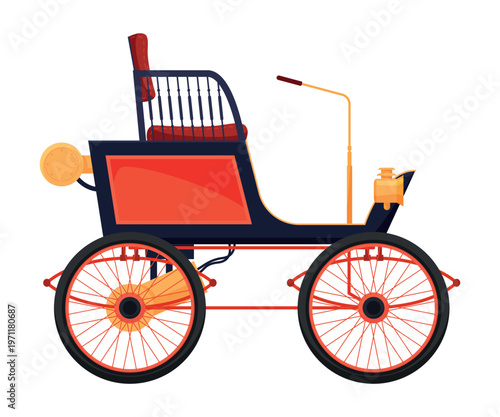 Illustration of a vintage battery electric car with a distinctive unique design and steering mechanism, intended for projects related to history and the automotive industry.