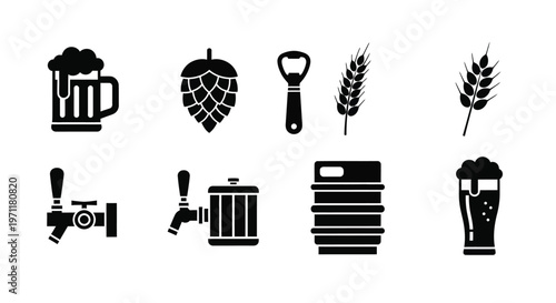 Illustrations of beer brewing related icons and objects on white background