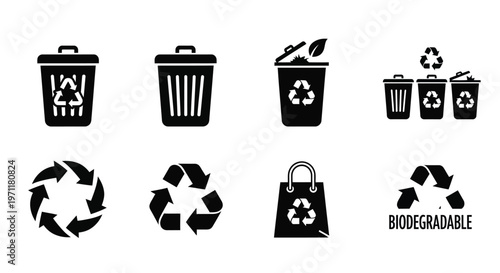 Recycling symbols and biodegradable icons illustrate environmental conservation efforts.