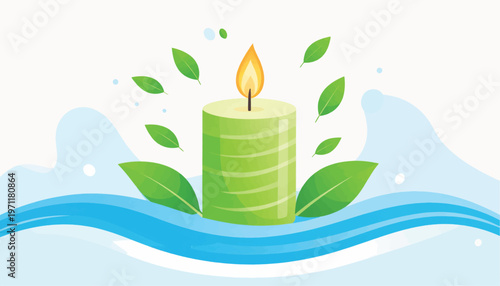 Green Candle with Flame and Leaves.