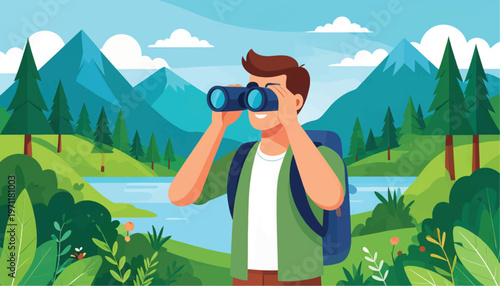 Man with Binoculars and Backpack in Nature.