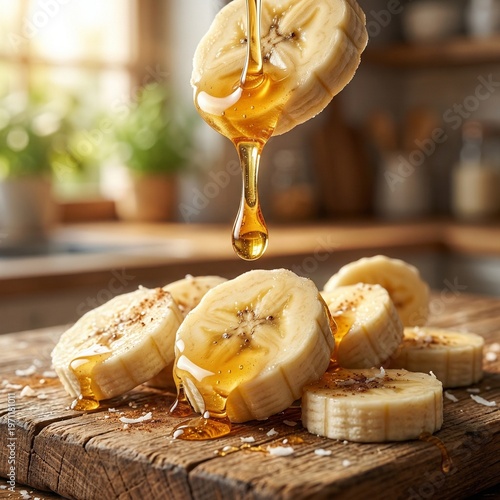 Banana Slices with Golden Honey Dripping Macro Close Up Natural Sweetness Food Photography