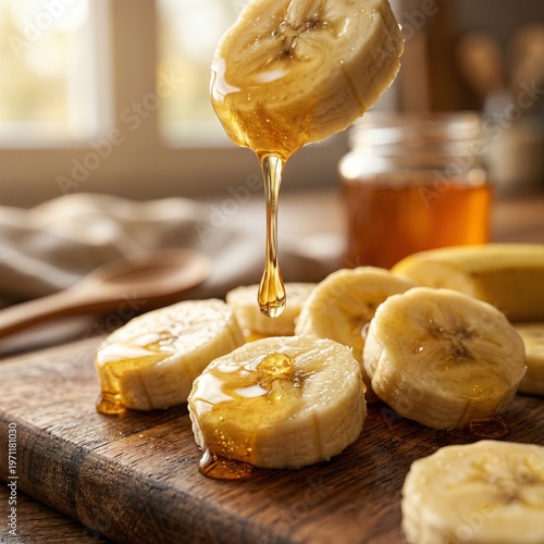 Banana Slices with Golden Honey Dripping Macro Close Up Natural Sweetness Food Photography