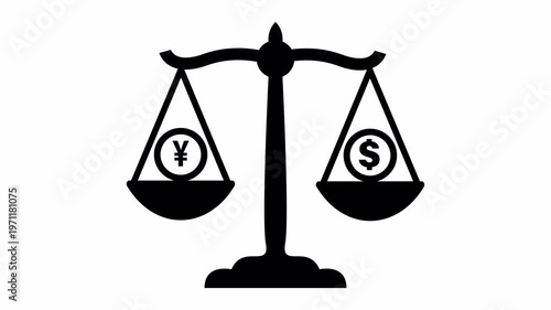 Symbolic representation of balanced international finance, illustrating the equal value relationship between Japanese Yen and United States Dollar, crucial for global trade and economic metrics