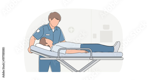 Paramedic helping patient on stretcher in emergency medical services with blue uniform in bright clinical lighting for healthcare