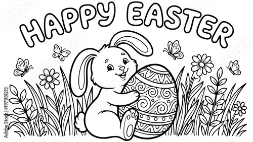 bunny painting easter egg and some flowers, coloring page ready to print on standard 8.5x11 inch paper. eps file.