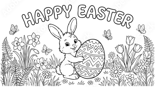 bunny painting easter egg and some flowers, coloring page ready to print on standard 8.5x11 inch paper. eps file.