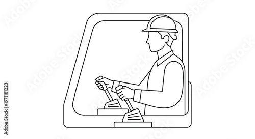 Construction worker operating heavy machinery in minimalist line art style with gray tones for industrial and engineering use