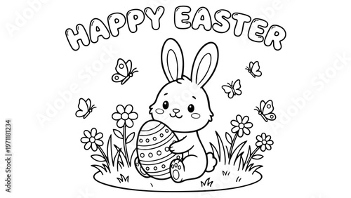 bunny painting easter egg and some flowers, coloring page ready to print on standard 8.5x11 inch paper. eps file.