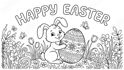 bunny painting easter egg and some flowers, coloring page ready to print on standard 8.5x11 inch paper. eps file.