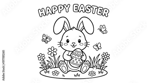 bunny painting easter egg and some flowers, coloring page ready to print on standard 8.5x11 inch paper. eps file.
