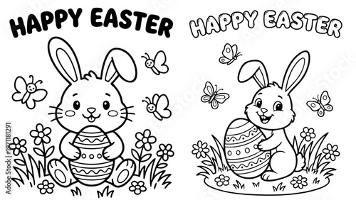 bunny painting easter egg and some flowers, coloring page ready to print on standard 8.5x11 inch paper. eps file.