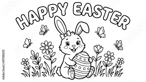 bunny painting easter egg and some flowers, coloring page ready to print on standard 8.5x11 inch paper. eps file.