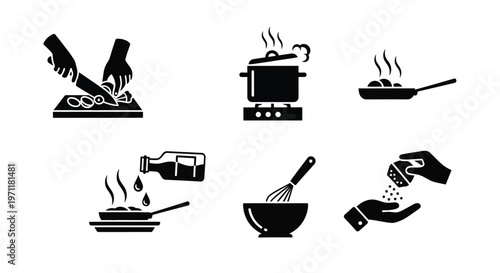 Black cooking icons set in flat style for recipe design with white background for food blog