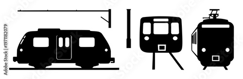 Train station icon set with solid black line drawing on white background featuring transportation, architecture, travel with signage and commuter