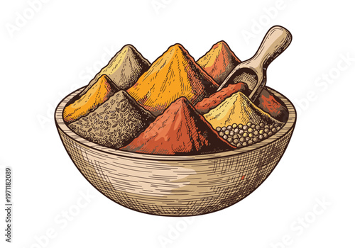 Spice powder piles in wooden bowl with scoop for cooking and food design, colorful illustration