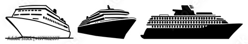 Solid black icon, white background: cruise ship icon set with simple line art design featuring sketches, drawings, vector graphics with minimalist and simple illustrations