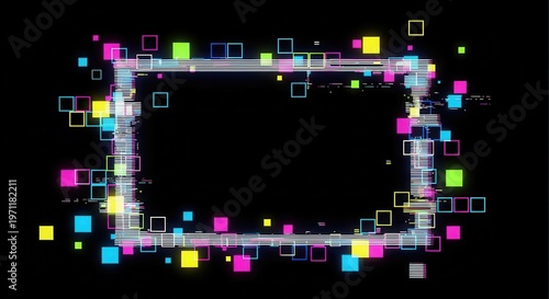 Glitch pixels vector abstract background, distorted glitched colored and neon glowing frame with random pixels. Television distortion with glitch effect, error, no signal tv screen border or backdrop
