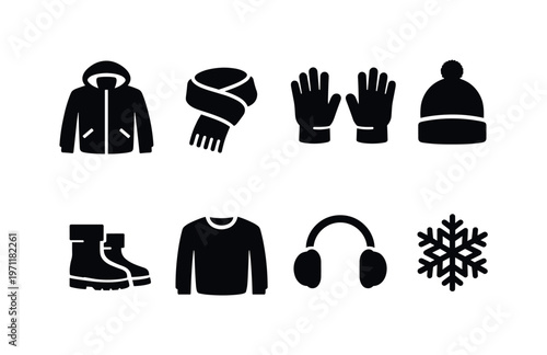 Winter clothing: jacket, scarf, gloves, beanie hat, boots, sweater, earmuffs, snowflake