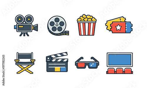 Cinema movie experience: movie camera, film reel, popcorn bucket, cinema tickets, director chair, clapperboard, 3d glasses, theater screen
