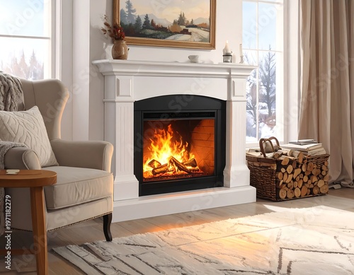 Cozy living room with a lit fireplace and comfortable seating