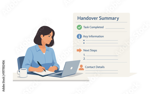 A professional refining a clear handover summary after completing a task, sitting at a desk with a laptop while organizing key points into a simple