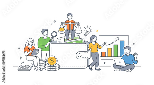 A budgeting and expense control scene showing a small team reviewing finances around a large wallet and a simple bar chart, using a clear visual