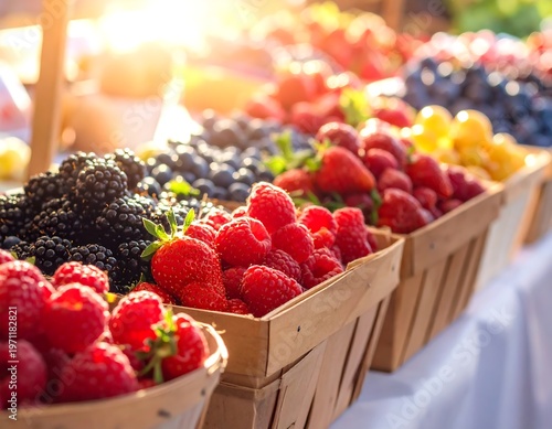 Fresh berries in wooden baskets on a market table
