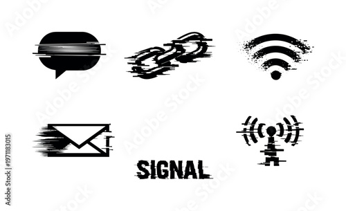 Digital communication breakdown concept, a set of five glitch-distorted monochrome objects floating on a perfectly clean white background