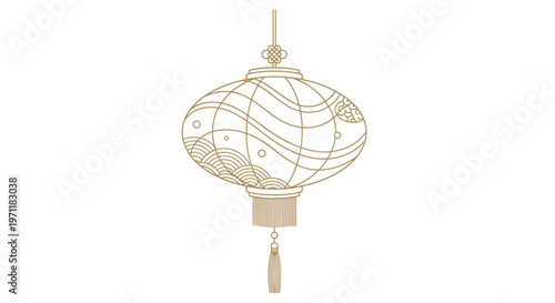 Delicate gold line drawing of a traditional Chinese lantern decorated with wave patterns and a decorative tassel hanging from below.