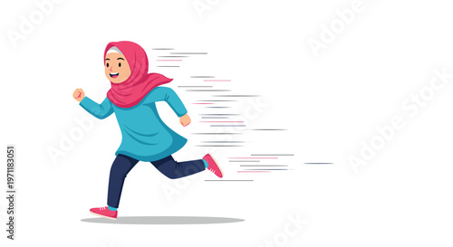 Animated illustration of a young woman in a pink hijab and blue tunic running fast with dynamic speed lines on a plain white background.